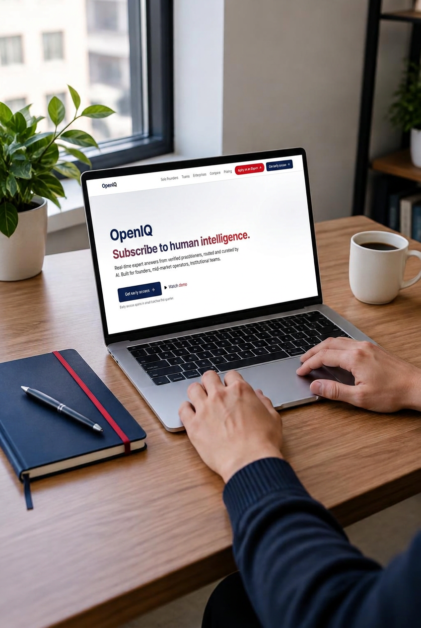 Illustrative founder workspace with the OpenIQ homepage on a laptop